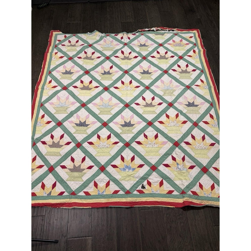 Vintage Flower Basket Quilt Multicolor Hand Sewn Tattered AS IS